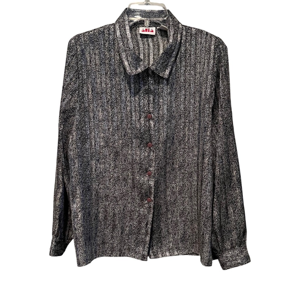 ALIA Women's Black White Pattern Long Sleeve Button Up Shirt Top Size 14